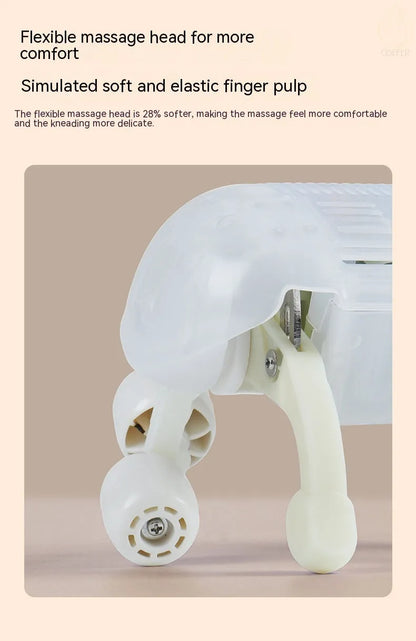Creamy white rechargeable shoulder and neck kneading massager with USB cable.