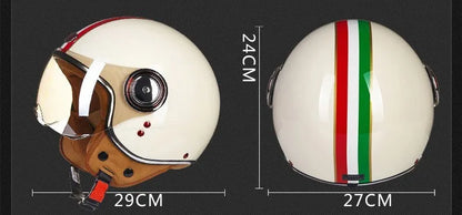 Motorcycle half helmet in white, red, or green with ABS plastic shell shown in sizes M, L, XL.