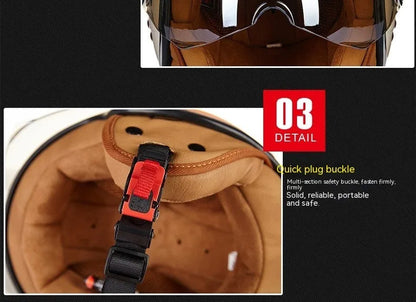 Motorcycle half helmet in white, red, or green with ABS plastic shell shown in sizes M, L, XL.