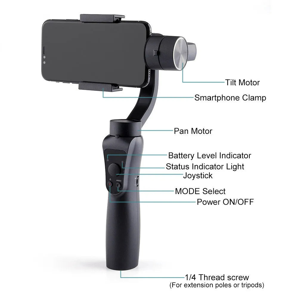 Black 3-axis handheld smartphone gimbal stabilizer on a table.