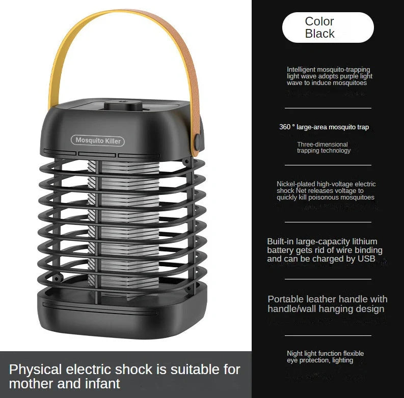 Electric Shock Mosquito Killer Lamp in yellow and black, featuring USB charging and plugin options