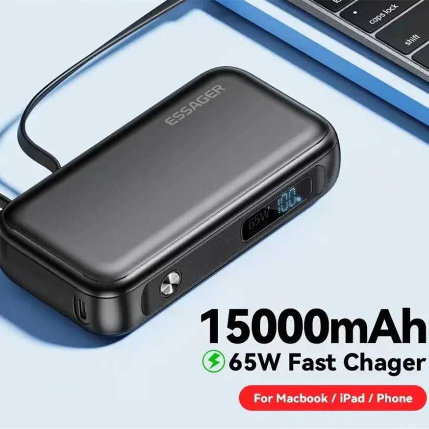 Black 15000mAh power bank with digital display, 65W Type-C output, 60W input, and USB-A port