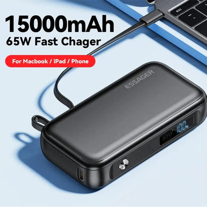 Black 15000mAh power bank with digital display, 65W Type-C output, 60W input, and USB-A port