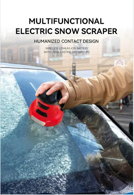 Blue and red plastic car ice scraper tool for winter snow removal.