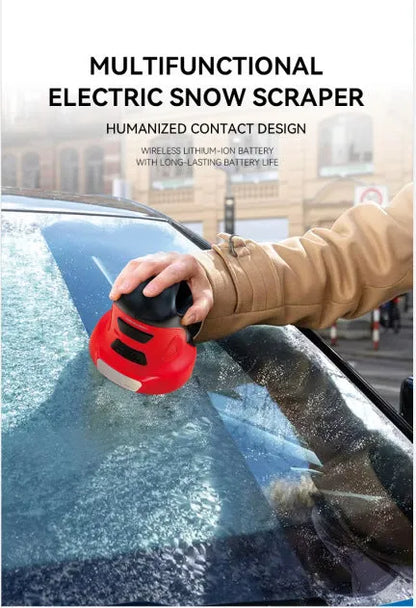 Blue and red plastic car ice scraper tool for winter snow removal.