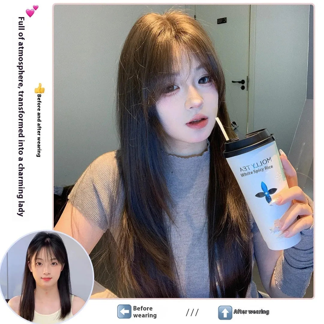 Layered long straight full-head wig in a cold brown colour with a lace front.
