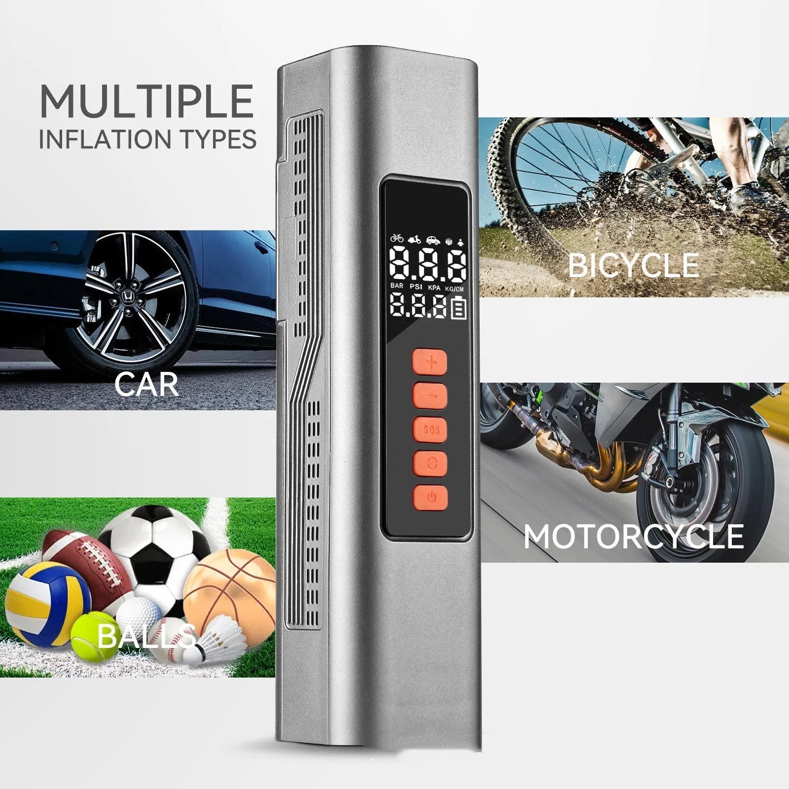 Wireless electric car tyre inflator with digital display showing pressure readings and compact portable design
