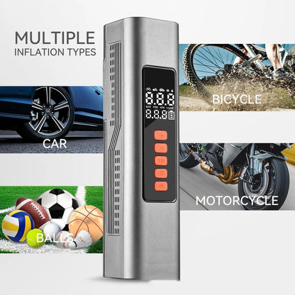Wireless electric car tyre inflator with digital display showing pressure readings and compact portable design
