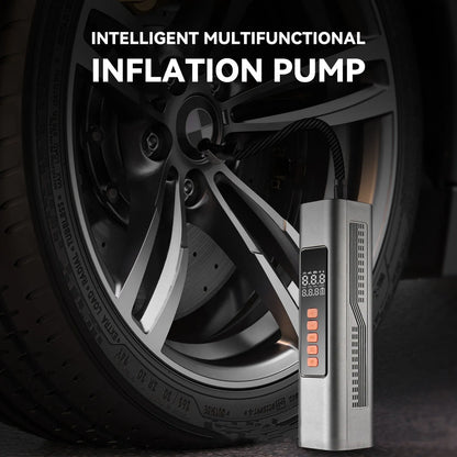 Wireless electric car tyre inflator with digital display showing pressure readings and compact portable design