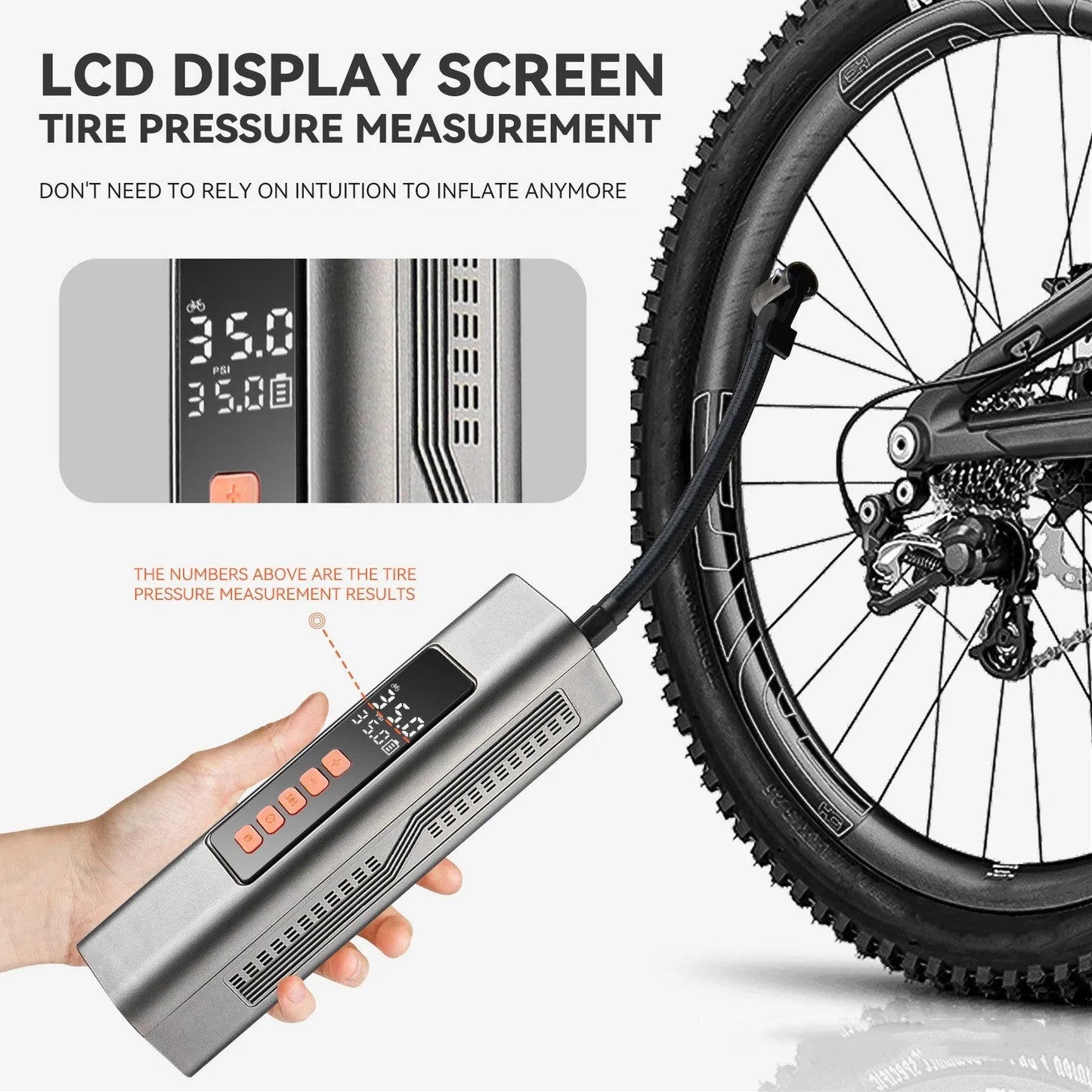 Wireless electric car tyre inflator with digital display showing pressure readings and compact portable design
