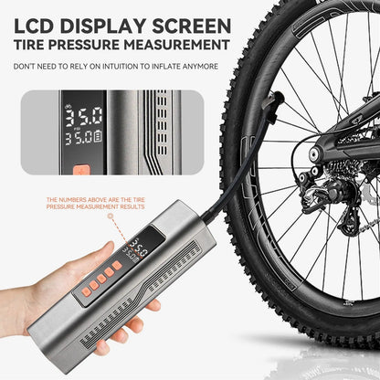 Wireless electric car tyre inflator with digital display showing pressure readings and compact portable design