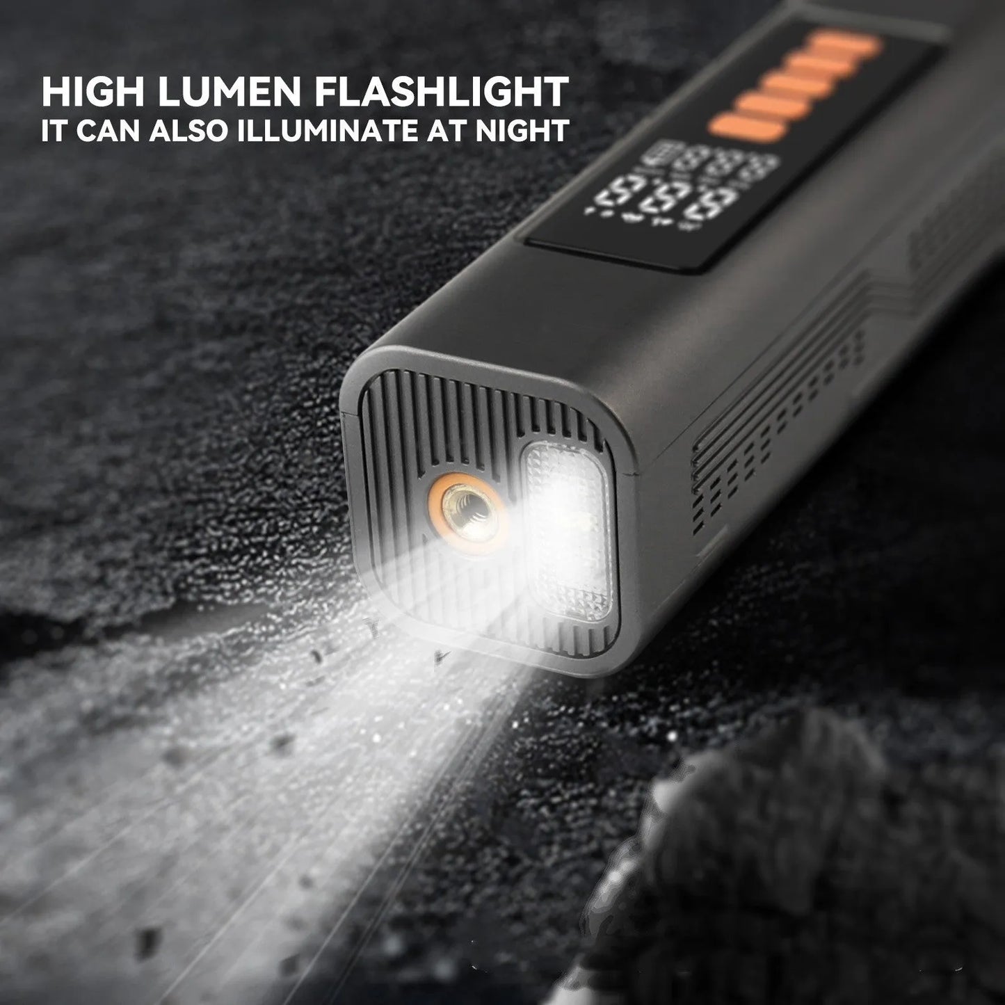 Wireless electric car tyre inflator with digital display showing pressure readings and compact portable design
