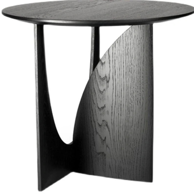 Round solid wood bedside table with geometric legs in walnut finish measuring 50cm diameter