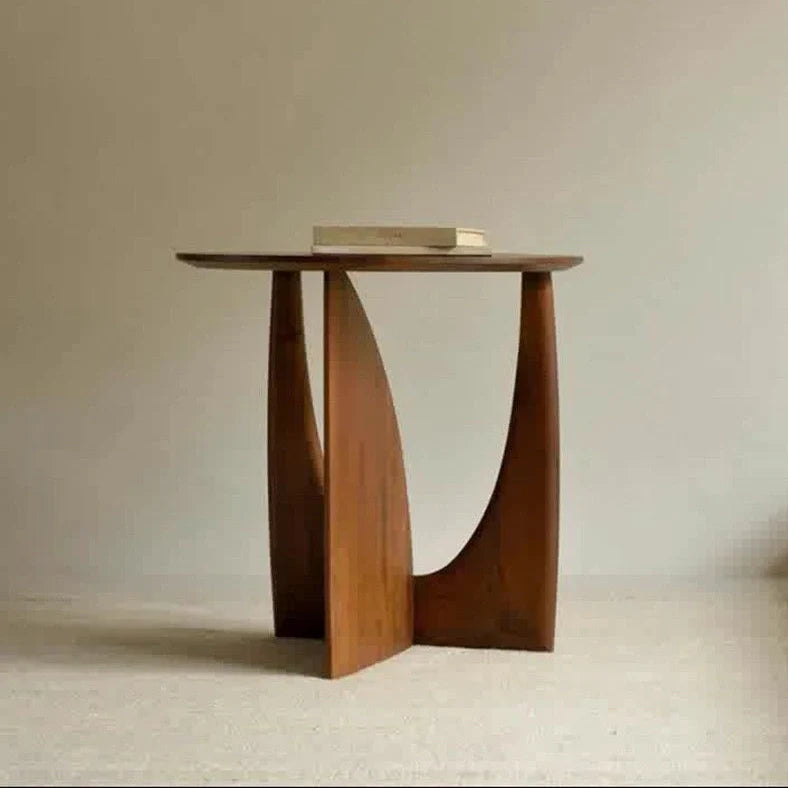 Round solid wood bedside table with geometric legs in walnut finish measuring 50cm diameter