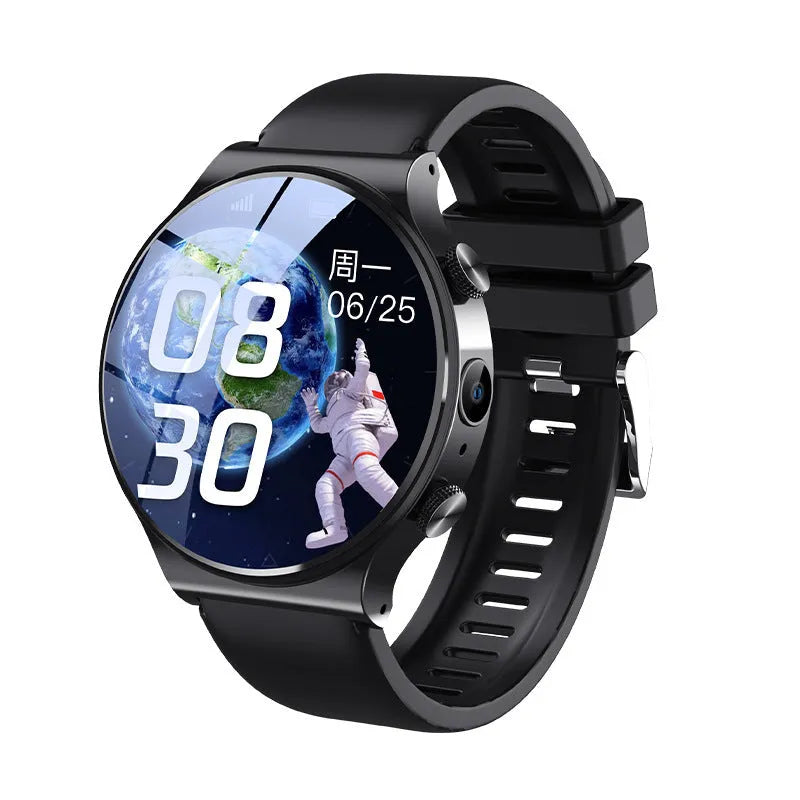 Black and white smart watch with 1.28 inch screen on wrist, showing USB charging cable.