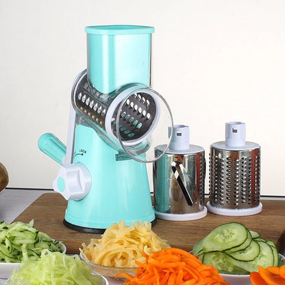 Round mandoline slicer with stainless steel blades for versatile kitchen use