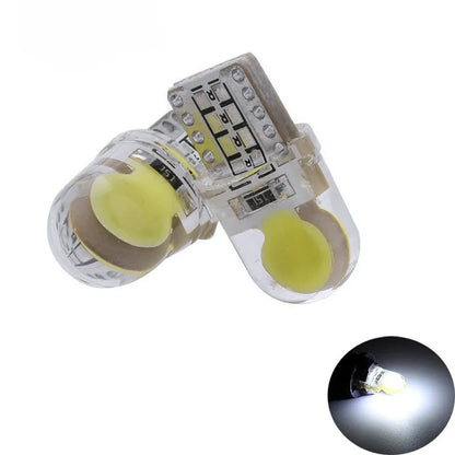 Pack of ten T10 wedge base LED car bulbs with COB chips in various colours on a white background