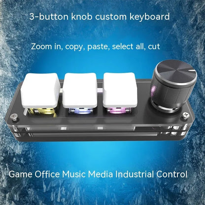Black and white programmable mini keyboard with RGB backlight and copy/paste keys showing compact 15cm size