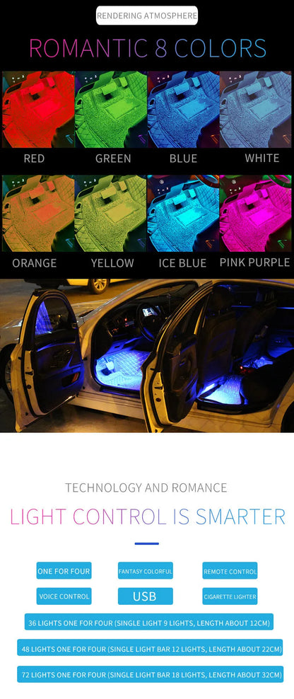 Car interior LED atmosphere lighting system with eight colours and voice control