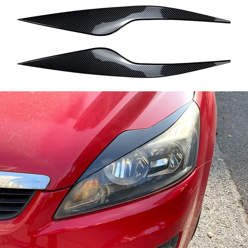 Ford Focus headlight eyebrow stickers in ABS plastic with carbon fibre pattern or piano black finish