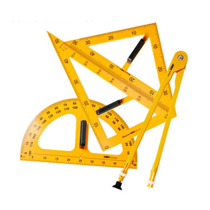 Orange and black mathematics teaching tools set with triangle rulers, protractor and chalk compass