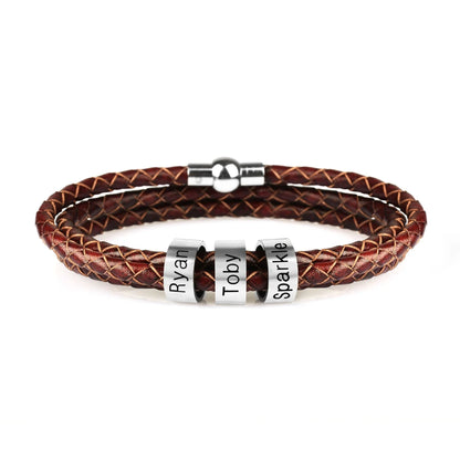 A personalized leather bracelet with engraved beads, a thoughtful gift for men