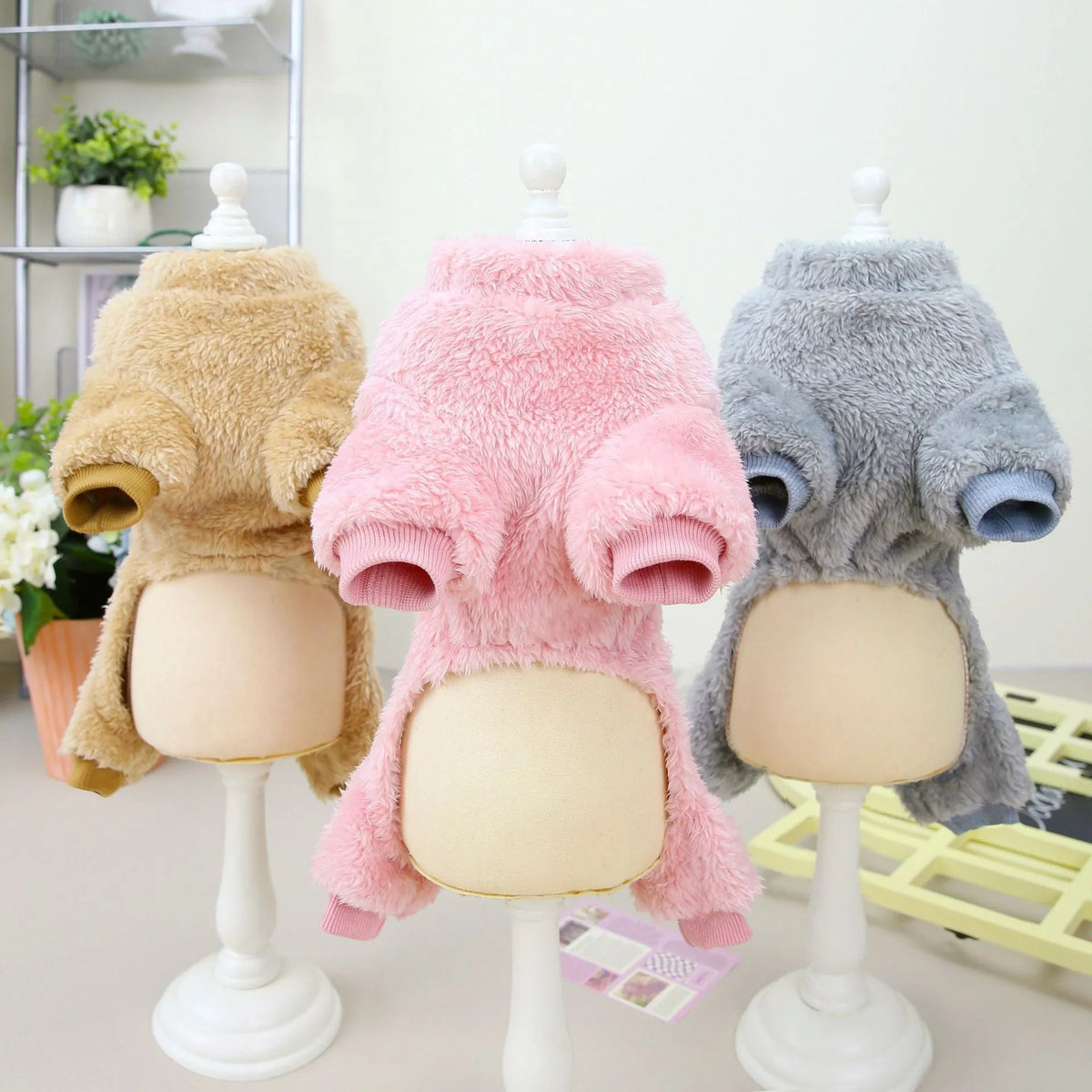 Small dog four-leg coral fleece coat in brown, pink or gray, sizes S to XXL