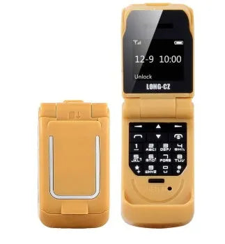 Mini flip mobile phone in gold, shown with flip cover open, on a white background.