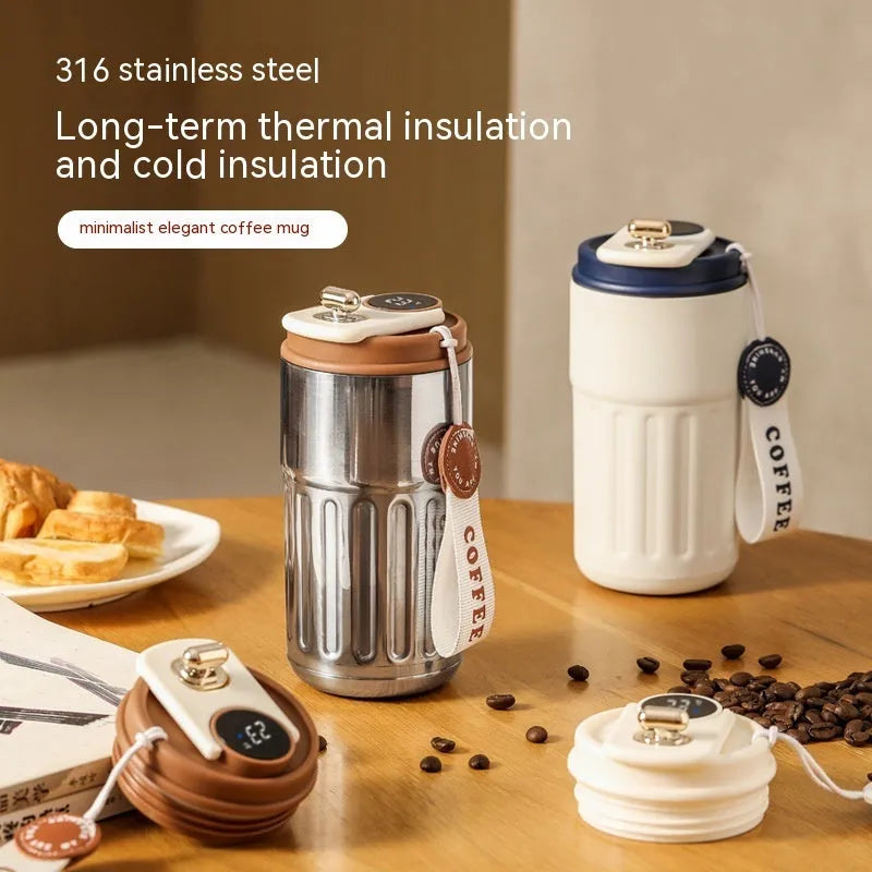 Digital thermal insulated bottle with temperature display and handle, stainless steel construction, 450ml capacity