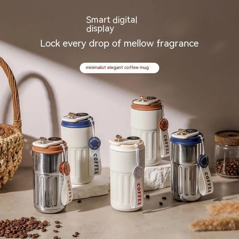 Digital thermal insulated bottle with temperature display and handle, stainless steel construction, 450ml capacity