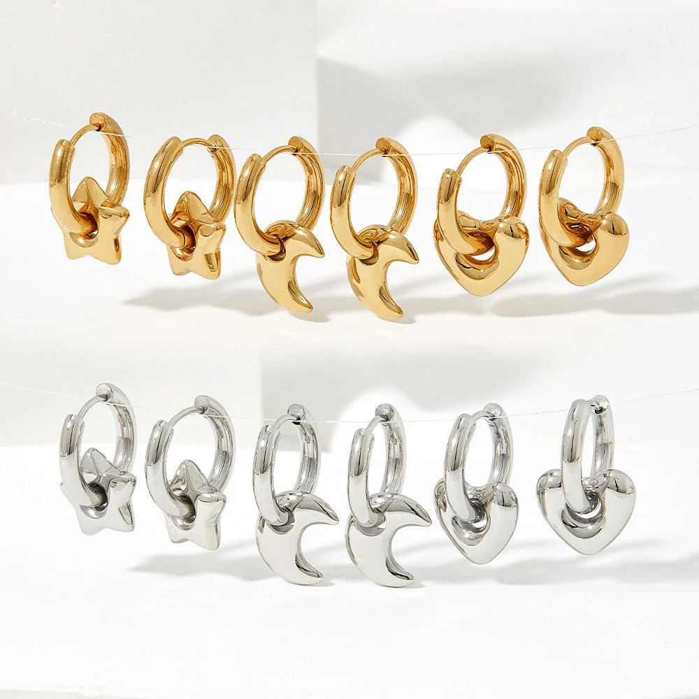 Elegant stainless steel earrings with a glossy finish, showcasing a variety of geometric shapes and colours to complement any British-inspired fashion