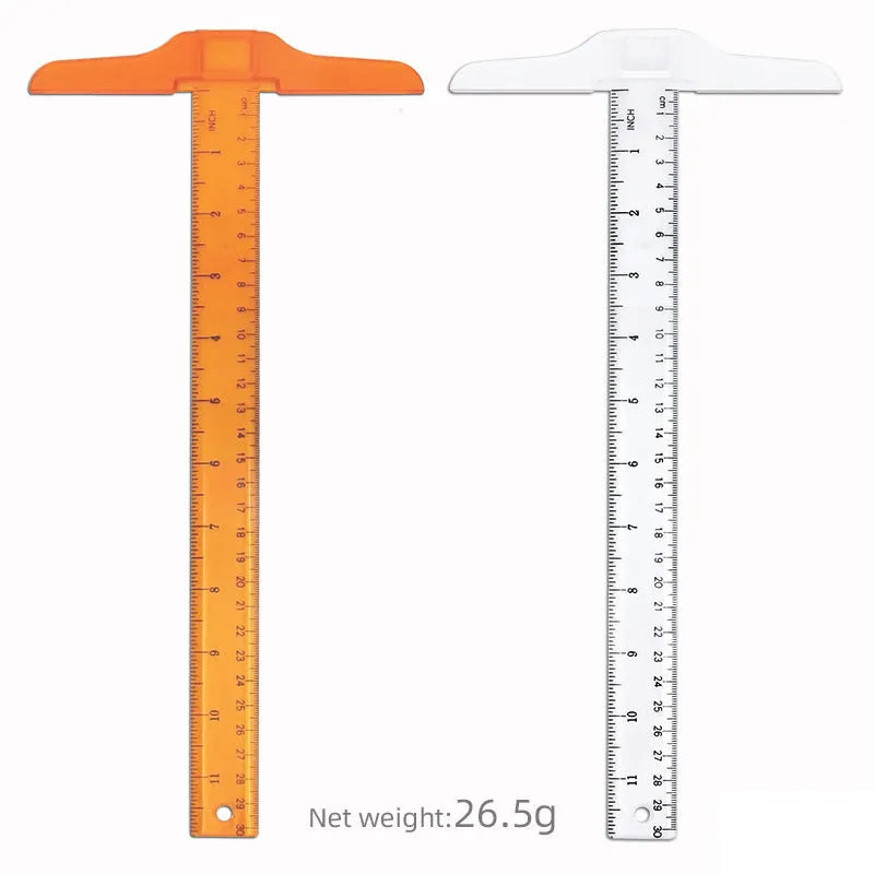 Plastic T-square ruler measuring 30cm with transparent or orange-yellow finish options.