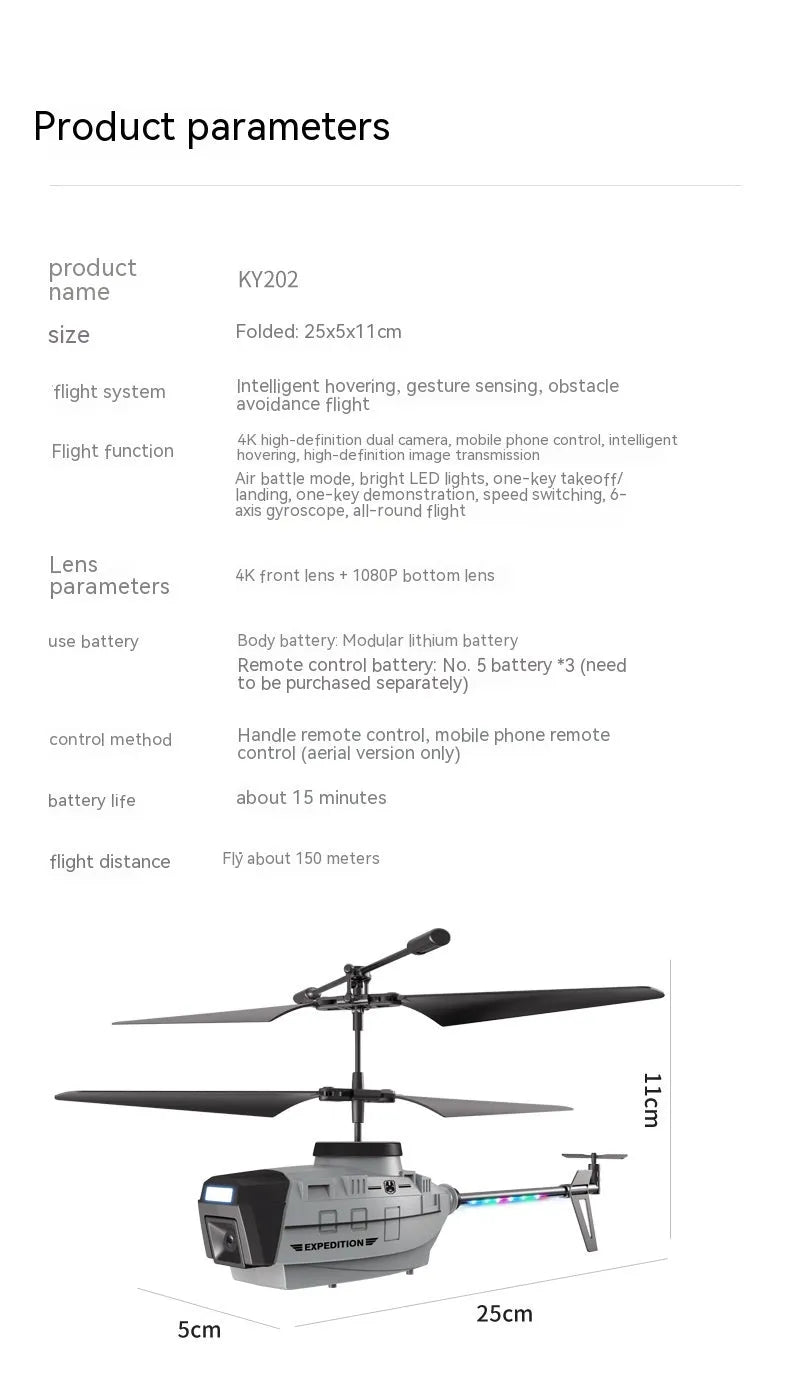 Heifeng grey plastic obstacle avoidance helicopter drone with coloured LEDs, remote control, and spare blades