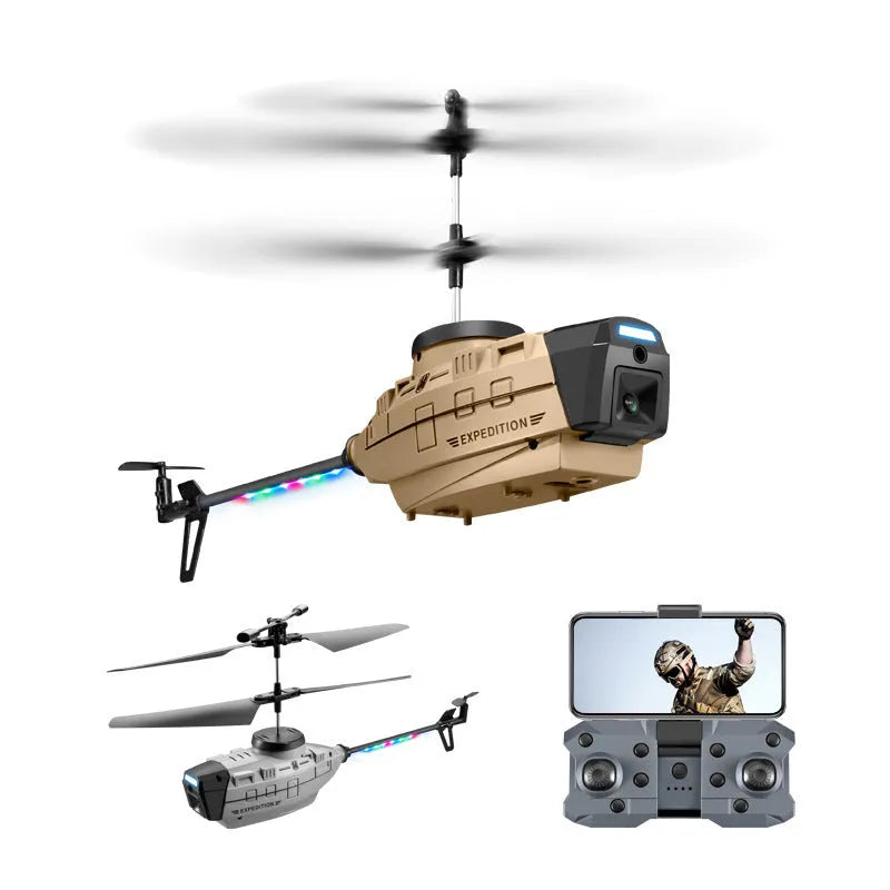 Heifeng grey plastic obstacle avoidance helicopter drone with coloured LEDs, remote control, and spare blades
