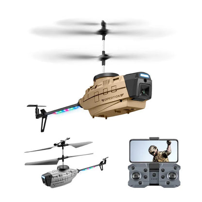 Heifeng grey plastic obstacle avoidance helicopter drone with coloured LEDs, remote control, and spare blades