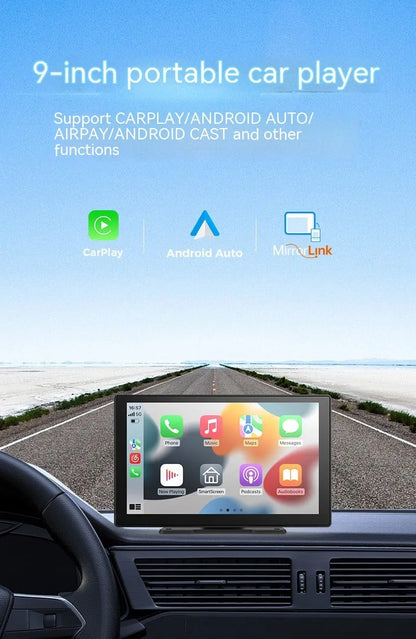 9-inch CarPlay driving recorder with touch screen display showing navigation and dual lens recording system