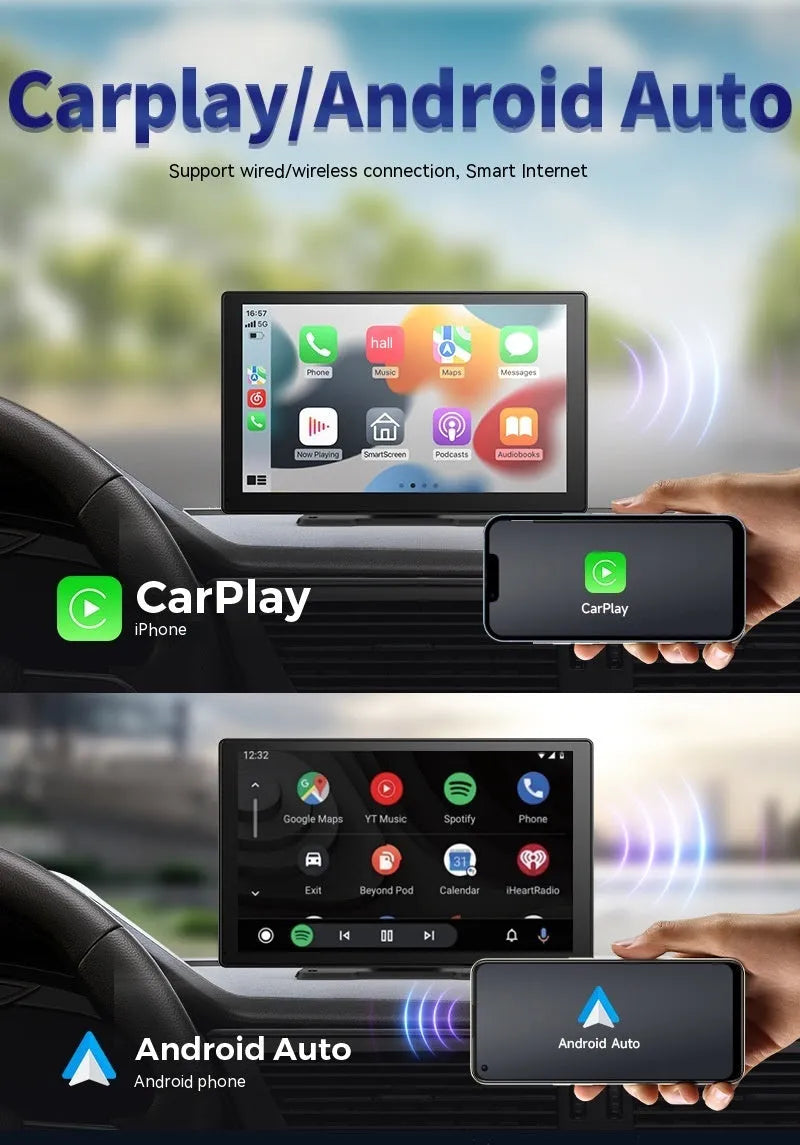 9-inch CarPlay driving recorder with touch screen display showing navigation and dual lens recording system