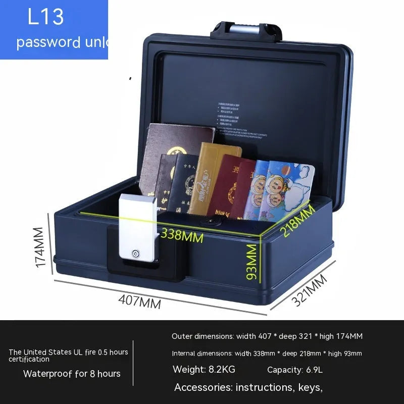 Black portable mechanical combination safe with key lock, made from cold-rolled steel.