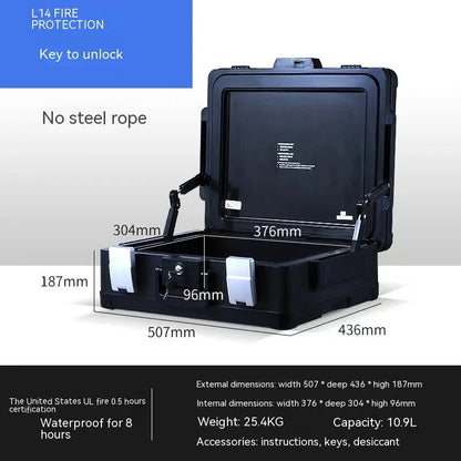 Black portable mechanical combination safe with key lock, made from cold-rolled steel.