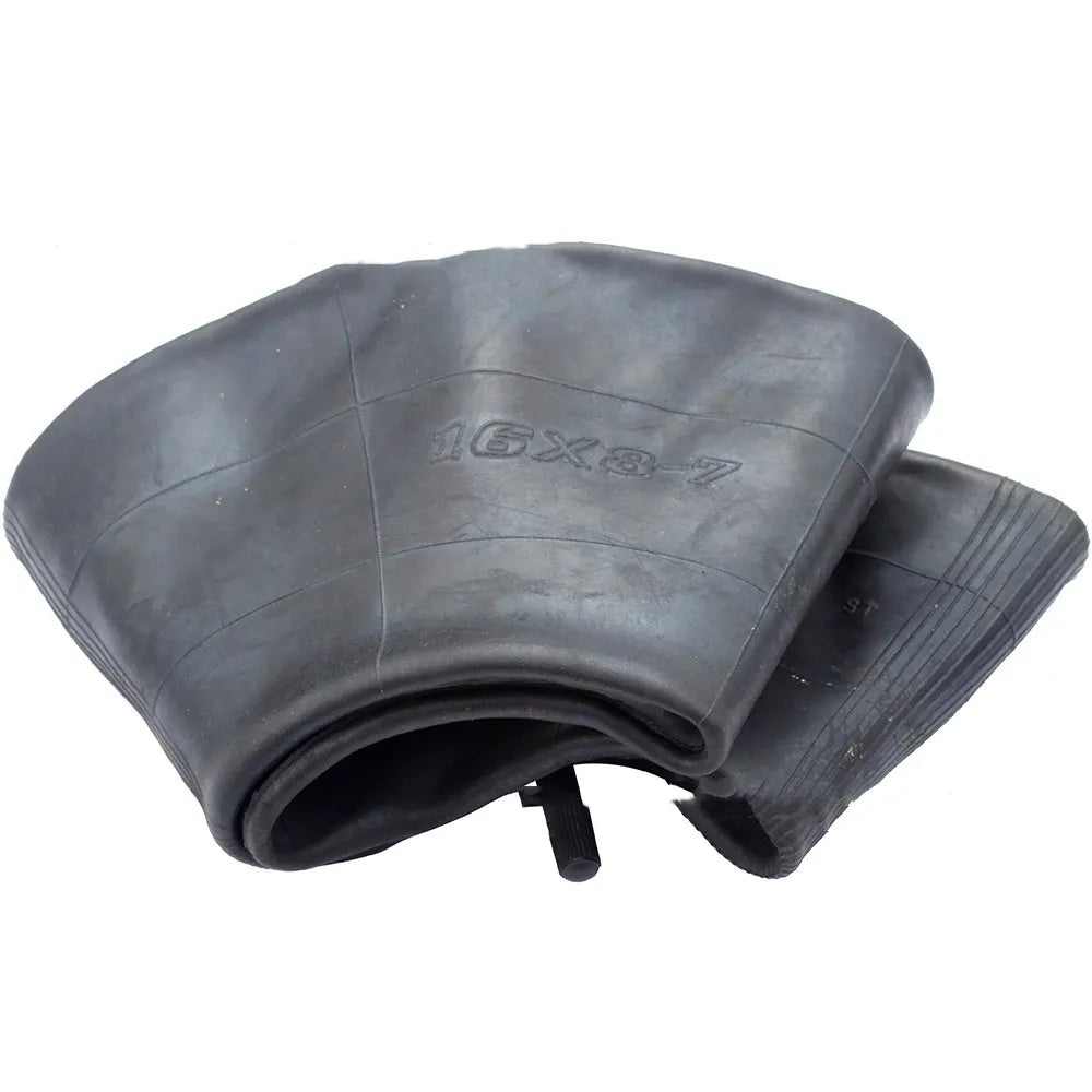 Set of two black 16x8.00-7 inner tubes with TR13 straight valve stems and dust caps for ATV and mower tyres.