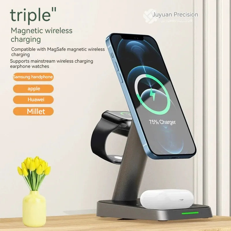 Minimalist black cube wireless charger with phone and watch on charging pads, showing 3-in-1 function