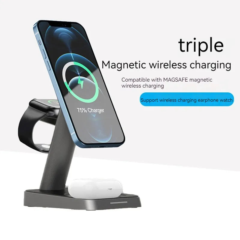 Black cube-shaped wireless charging station for phone and watch with integrated 10000mAh battery.