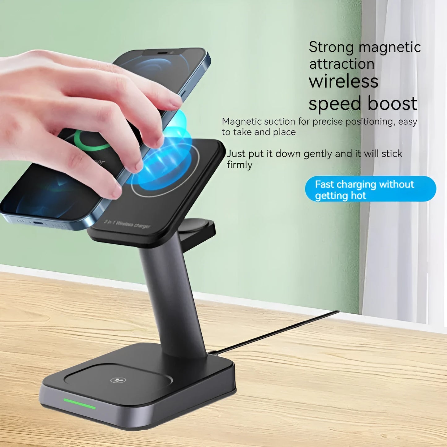 Minimalist black cube wireless charger with phone and watch on charging pads, showing 3-in-1 function