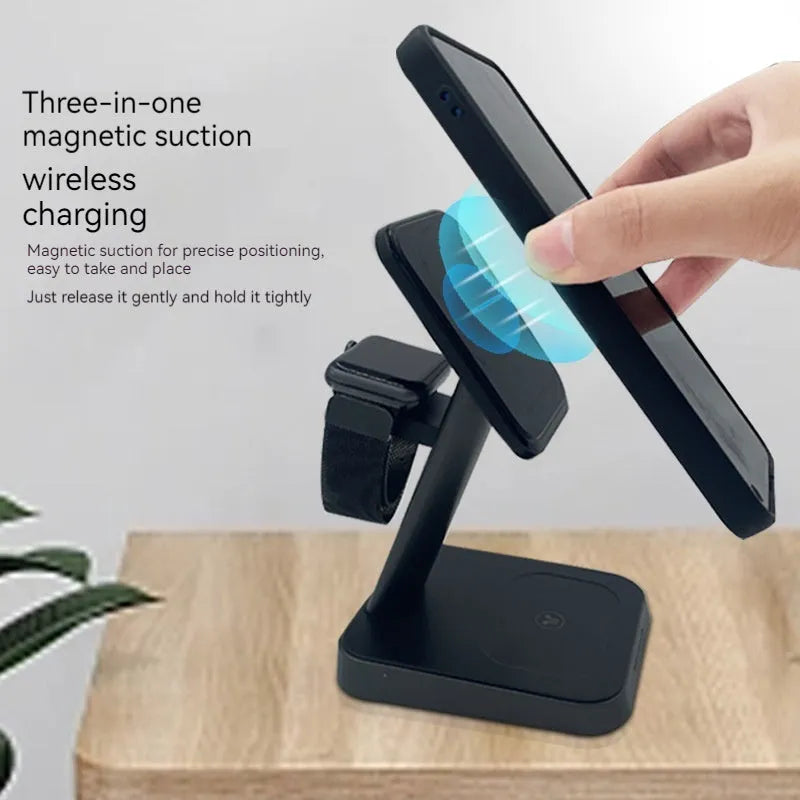 Minimalist black cube wireless charger with phone and watch on charging pads, showing 3-in-1 function