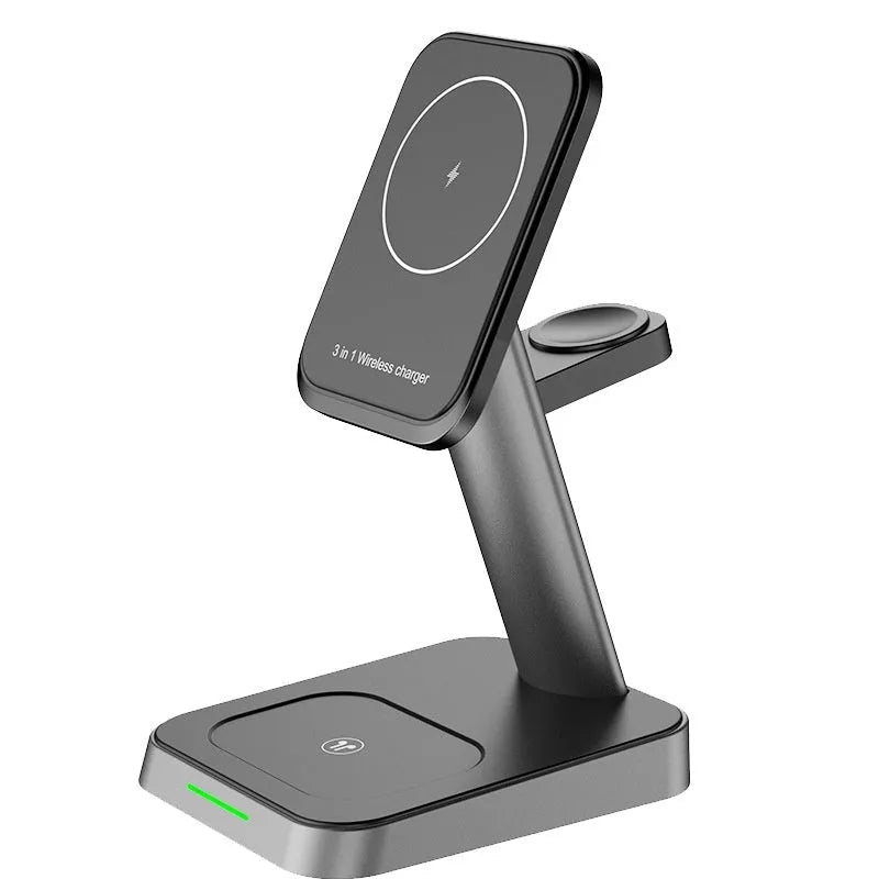 Black cube-shaped 3-in-1 wireless charger with phone in vertical stand, smartwatch on pad, and earbuds case charging.