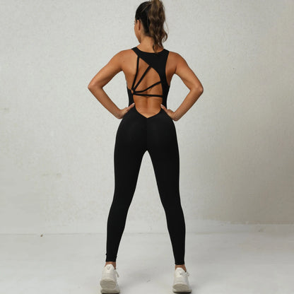 Stylish yoga jumpsuit with V-shaped back design, sleeveless silhouette, and stretch fabric for comfort and mobility
