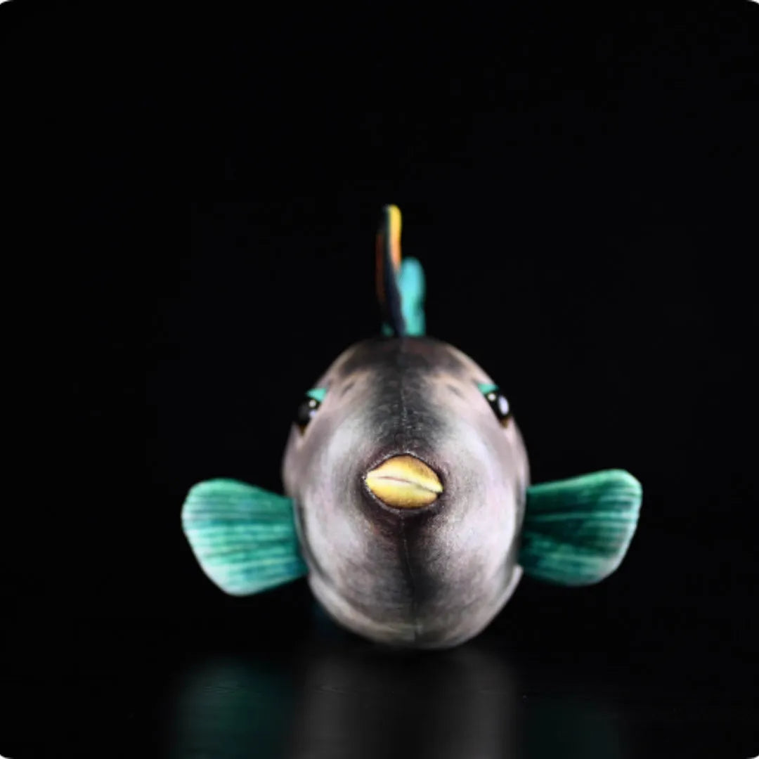 Green fin pufferfish plush toy doll measuring 42cm tall on a white background.