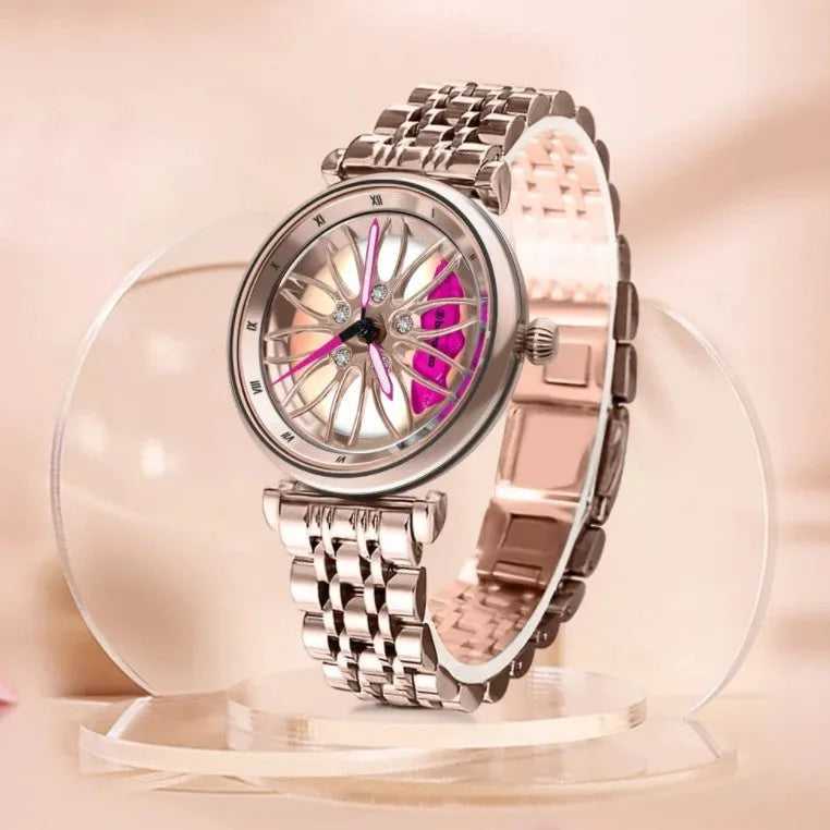 Women's waterproof quartz watch with steel belt, 11mm thick, in gold red, rose pink, or silver blue.
