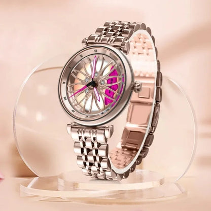 Women's waterproof quartz watch with steel belt, 11mm thick, in gold red, rose pink, or silver blue.