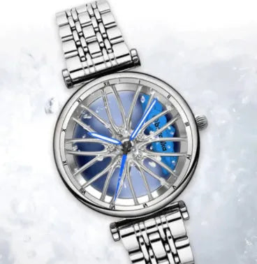 Women's waterproof quartz watch with steel belt, 11mm thick, in gold red, rose pink, or silver blue.